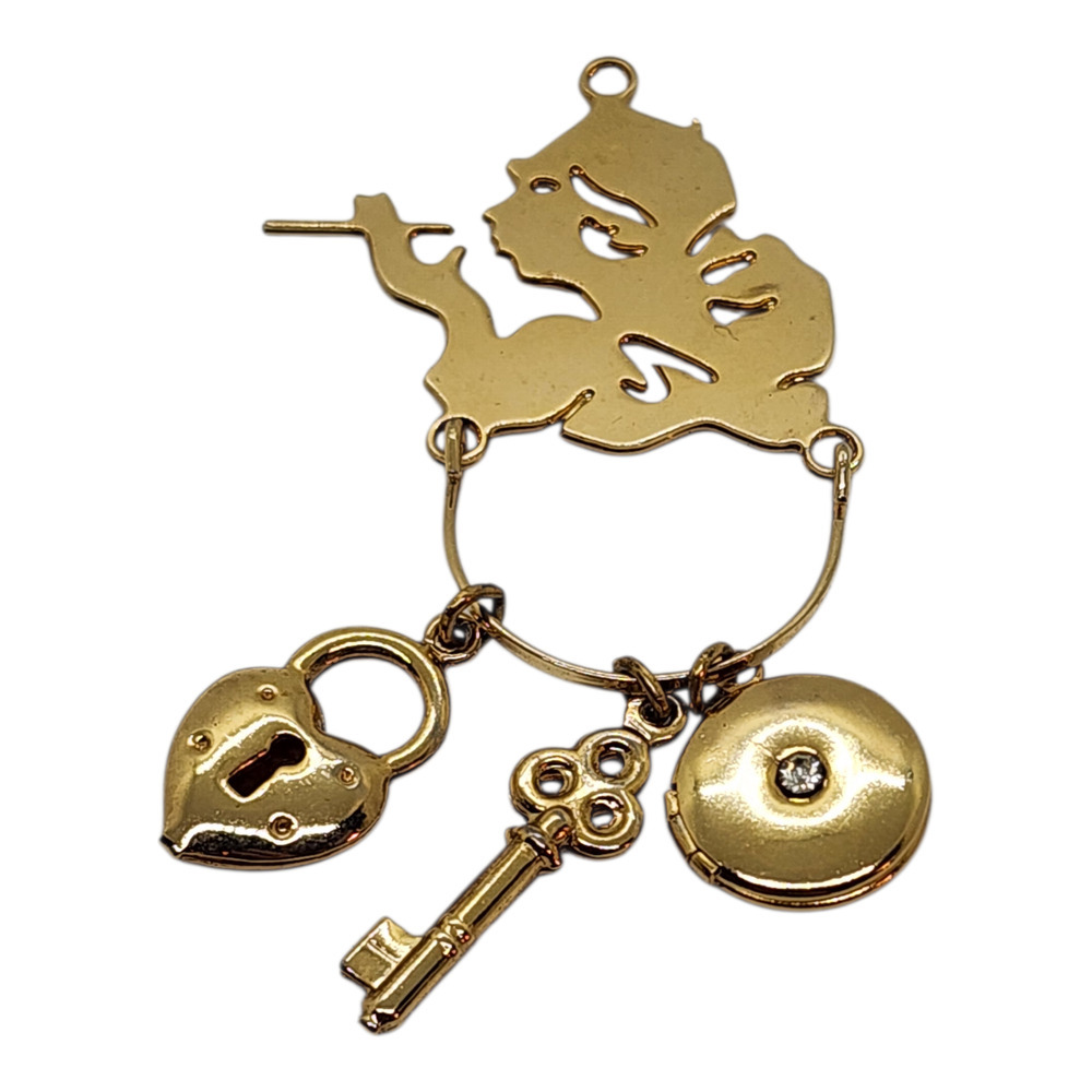Art Deco Smoking Woman Charm Holder Locket Rhinestone Heart & Key Charms 1970s